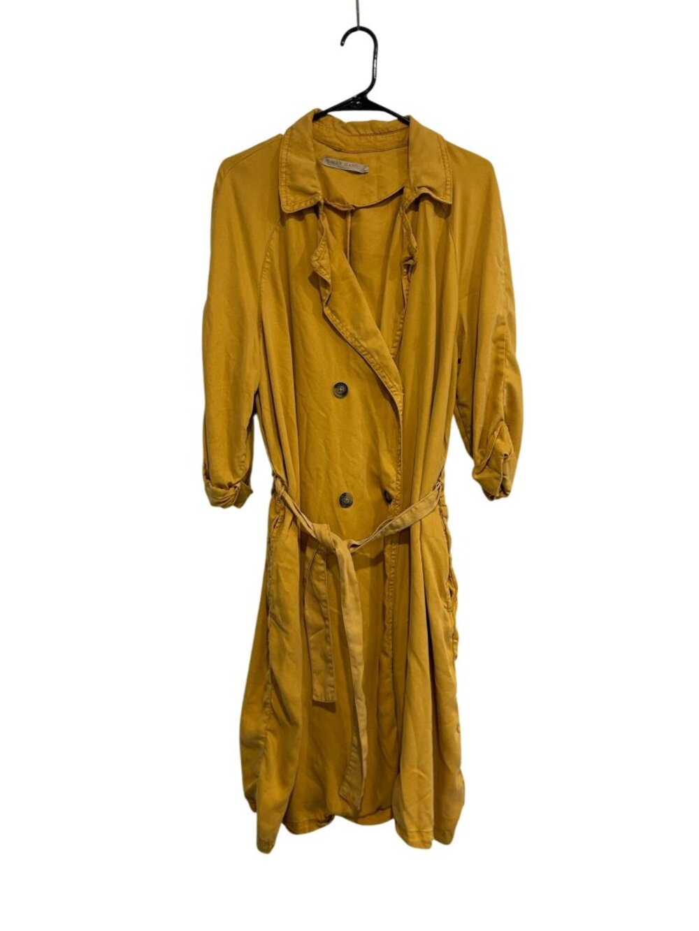 Max Jeans Large Mustard Yellow Ruffled Belted Trench Coat Jacket Retro Minimalis